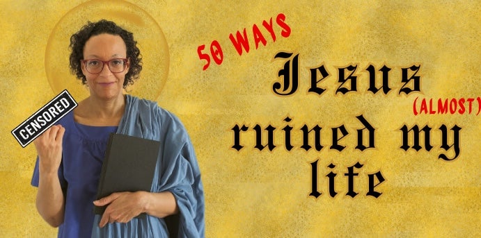 A person in blue robe holding a large book with hand censored, against dull yellow background with event text.