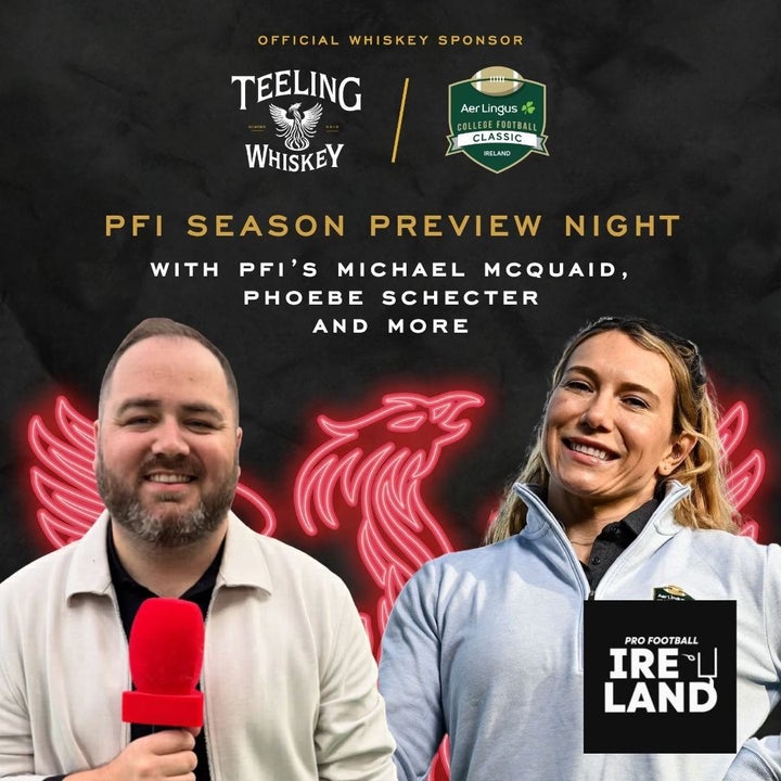 Picture of both hosts of panel discussion on a black background in front of a neon phoenix