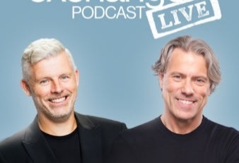 Poster for The Bishop Exchange Podcast Live with 2 smiling men in black tops