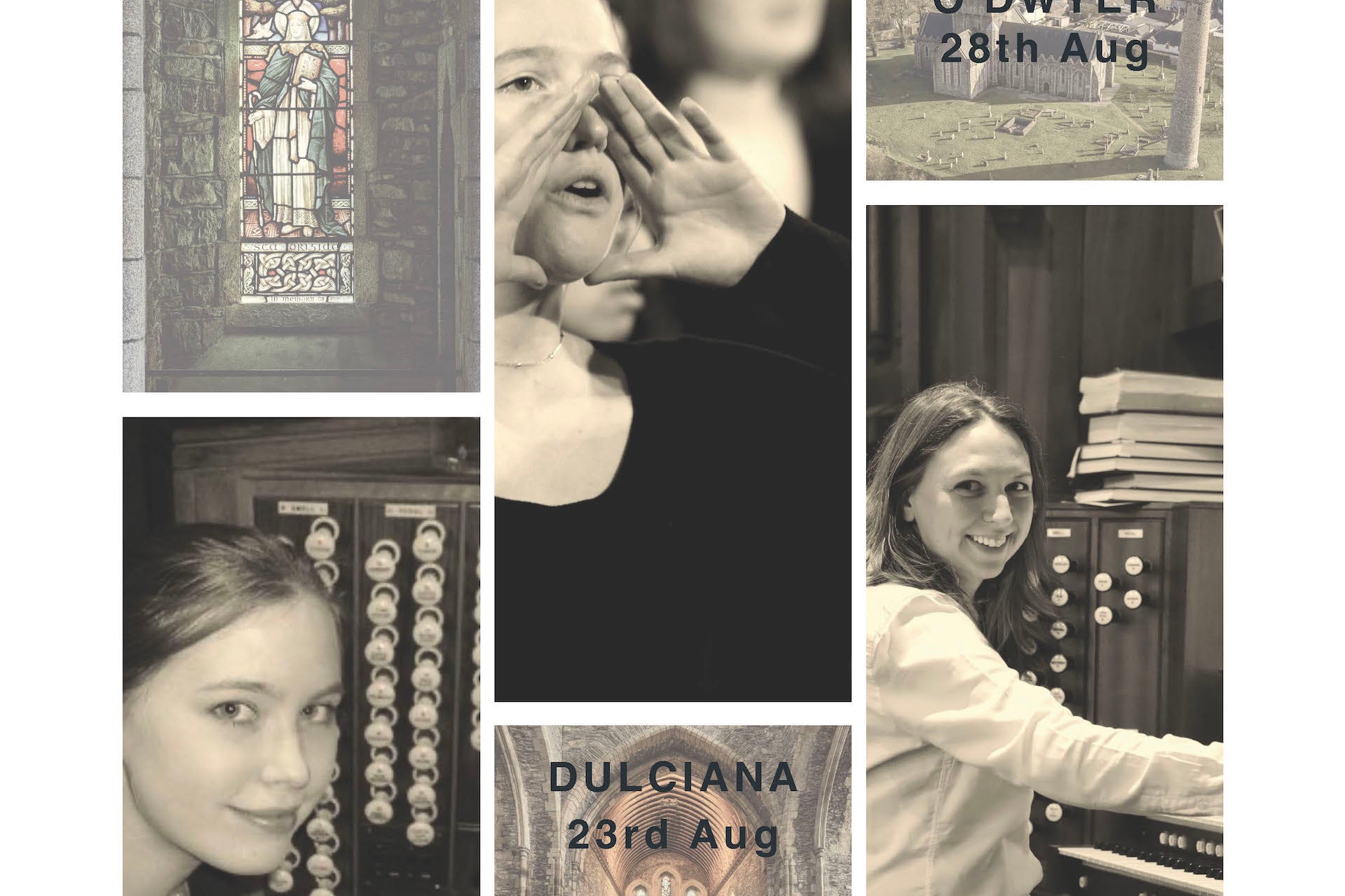 Kildare Festival celebrates Brigid 1500. Collage of different musicians with church organ and stained glass window.