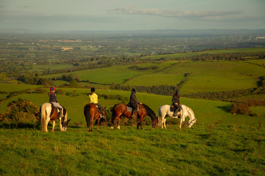 Horses and their riders trekking through countryside with Carrowholly Stables & Trekking Centre