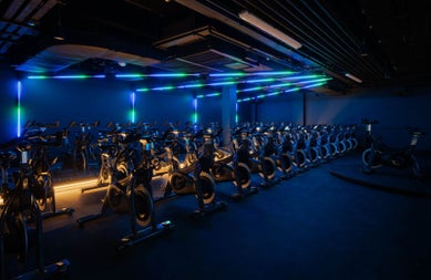 Rows of exercise bikes in a gym under blue lighting