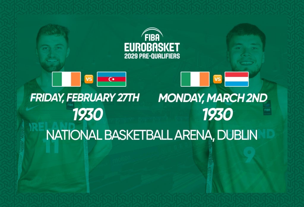 Ireland Men's International Basketball, dark green poster with white event text and 3 country flags.