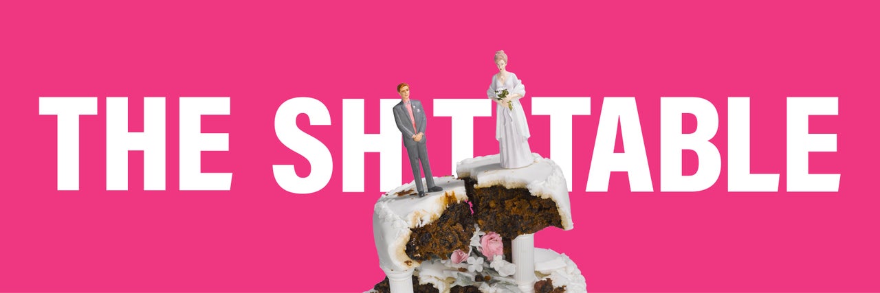 A plastic mini bride and groom on top of a broken wedding cake with large white event text and bright pink background.