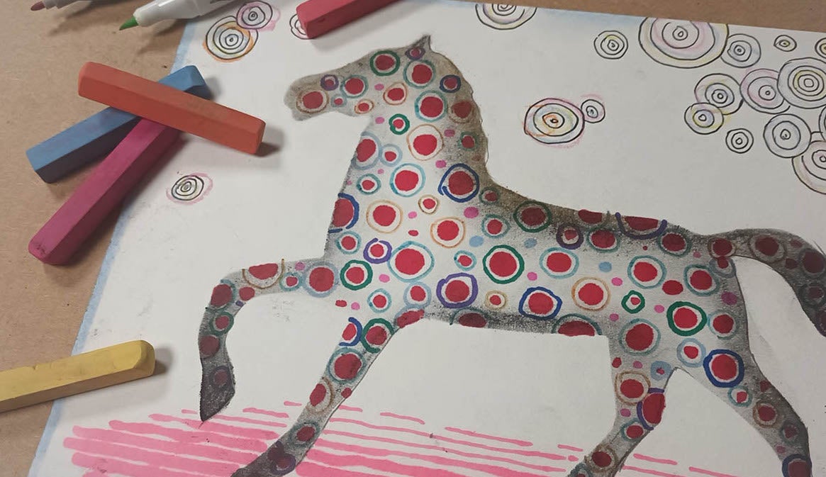 Silk Worm Families Workshop: Fact and Folklore. a hand drawn picture of horse covered in red circles.