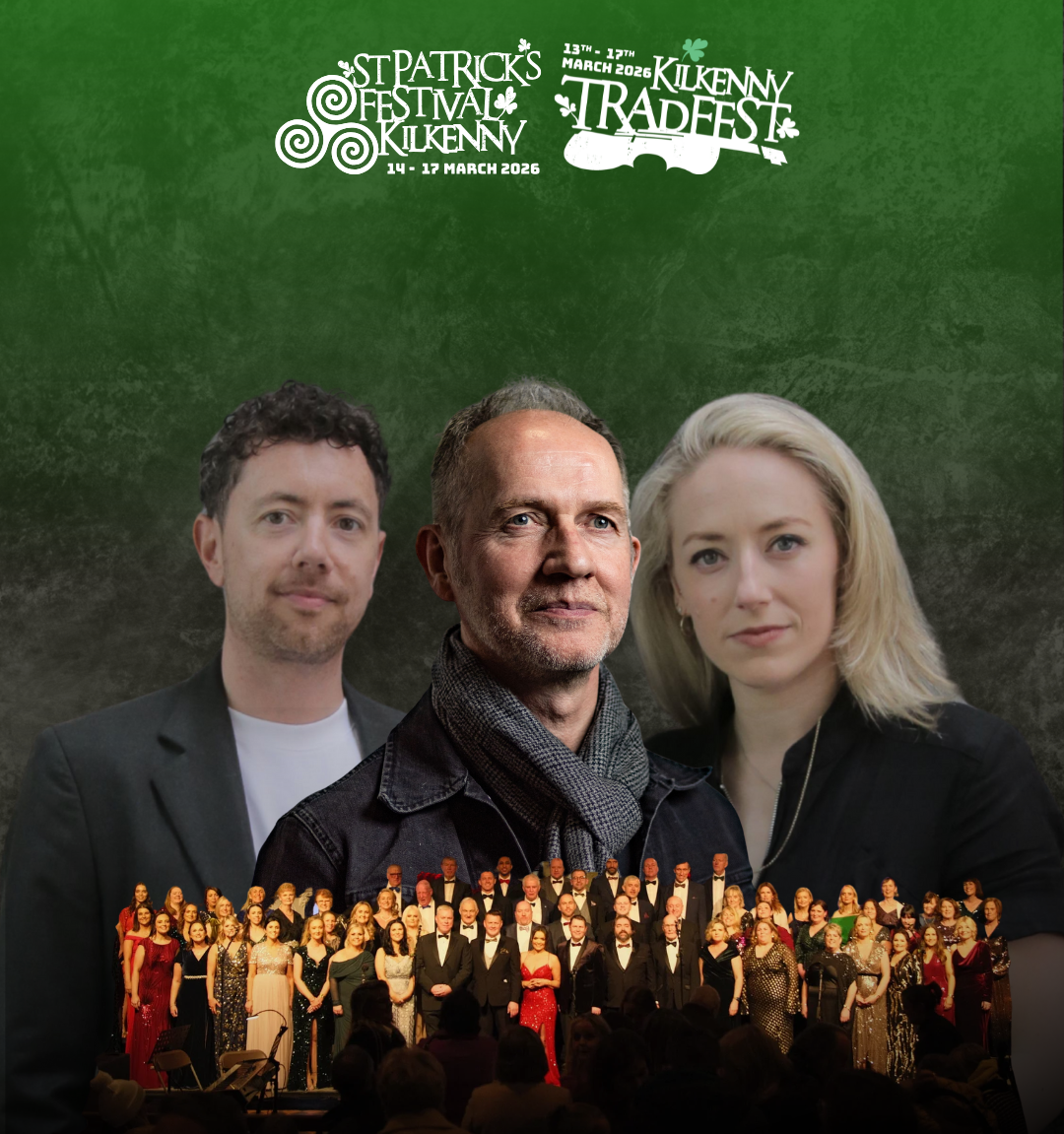 This image shows renowned traditional Irish musicians Iarla Ó Lionáird, Cormac McCarthy & Aoife Ní Bhriain, who are set to play St.Canice's Cathedral on Friday 13th March as part of Kilkenny Tradfest. It also features The Lady Desart Choir.