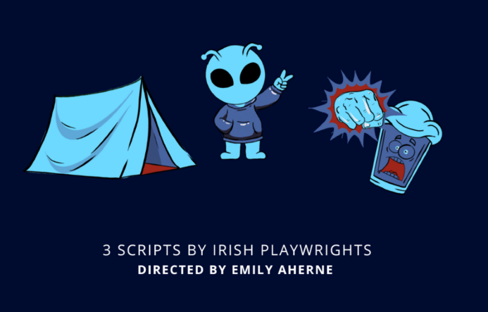 Cartoon image of blue tent and small alien in a hoodie against a black background.