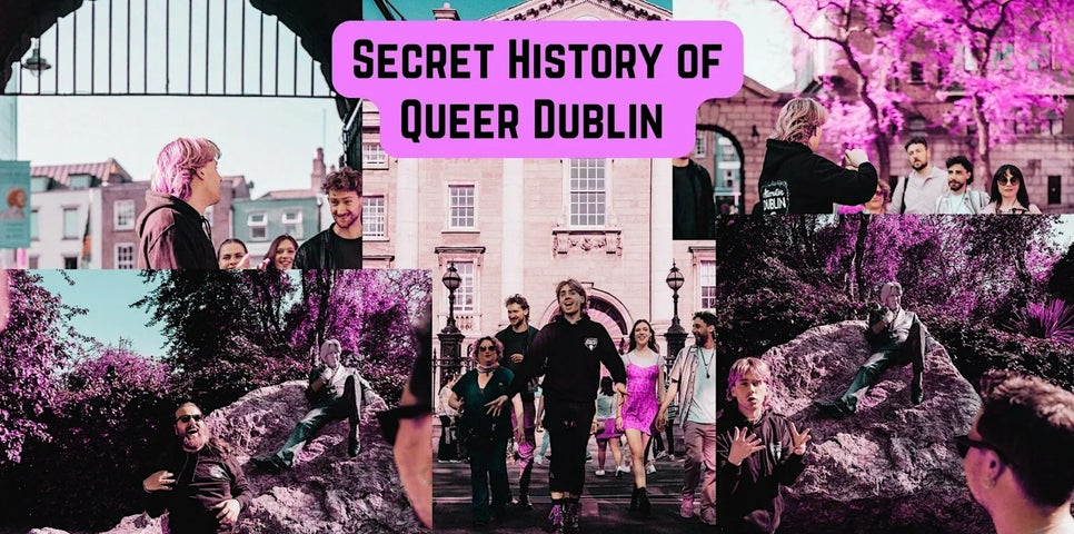 Collection of different photos showing tour guide leading small group to different sites around Dublin.