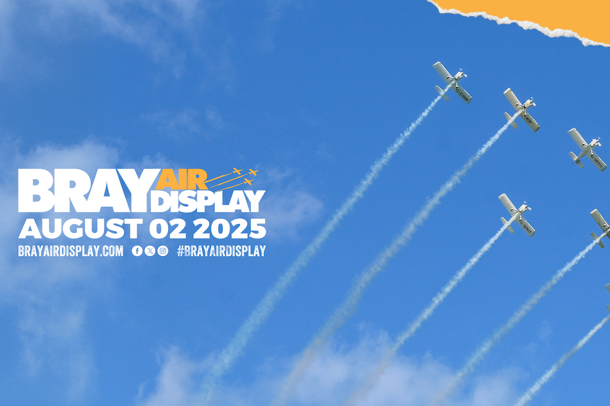 A bright blue sky with a group of 6 aircraft flying in a line, seen from below