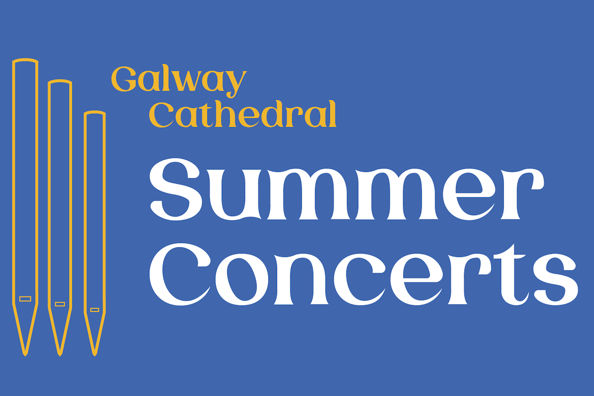 Galway Cathedral Summer Concerts 2024, part of logo of white or yellow text against blue background with 3 yellow organ pipes descending in size.