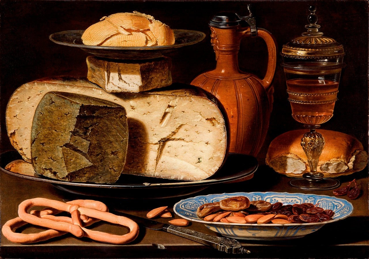 Still Life with Cheeses, Almonds and Pretzels by Clara Peeters