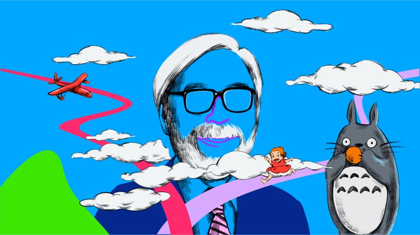 Hayao Miyazaki's Dreams by Mystery Ensemble - cartoon type image of man's head and shoulders wearing glasses but with face completely transparent to the blue sky behind with other cartoon figures.
