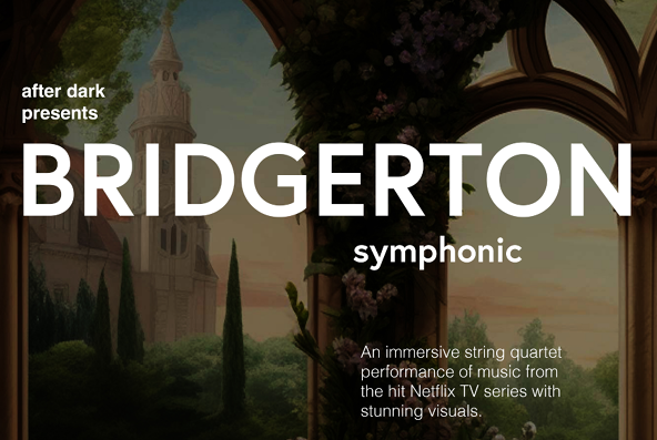 Darkly lit image looking through arches to an Italian style garden with church type building overlaid with white event text.