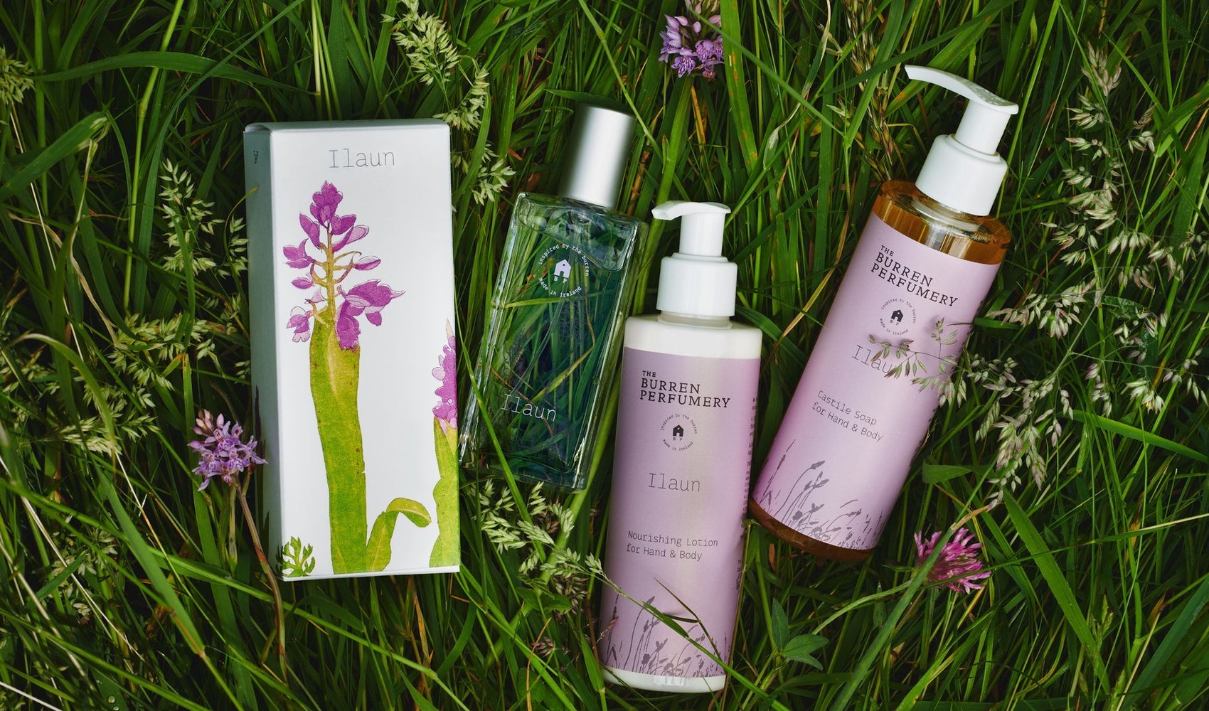 A selection of The Burren Perfumery organic range of skincare and soap products