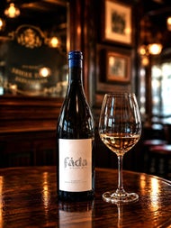 A bottle and glass of white wine called Fada on a dark wood coloured table