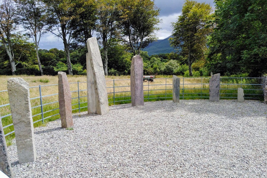 A view of the Ogham stones standing in a semi circle surrounded by railings