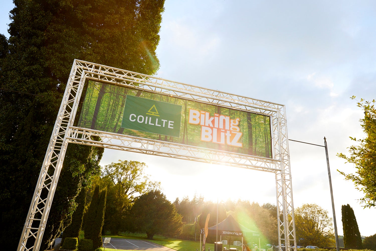 Slieve Bloom Mountain Bike festival. Starting arch for race with event poster across the top.