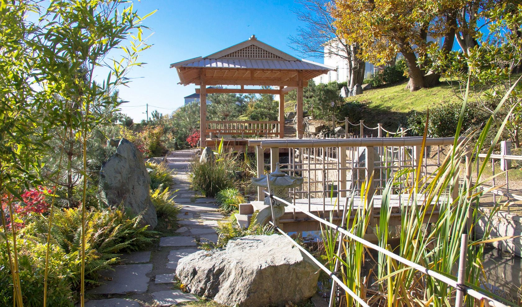 View of a Japanese structure the Azumaya at Lafcadio Hearn Japanese Gardens