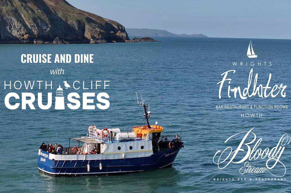 Small boat at sea with cliffs in background overlaid with white text.
