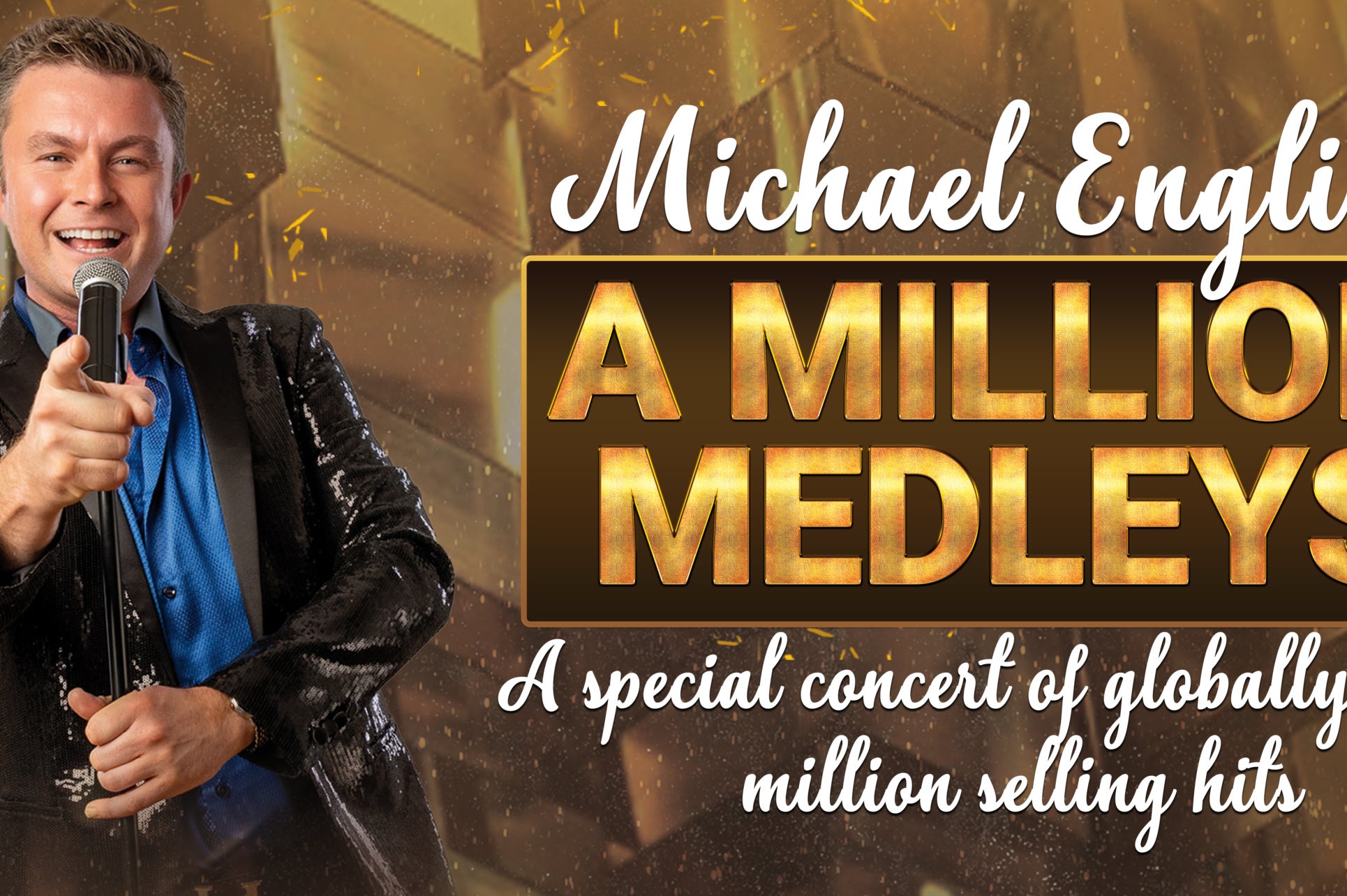 Gold and brown poster with man to left side in shiny dark jacket holding a mic smiling and pointing forward.