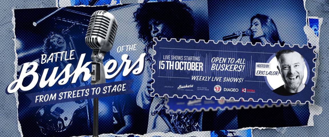 Promotional poster for Battle of the Buskers at Buskers Bar, Temple Bar, Dublin. Live music competition 