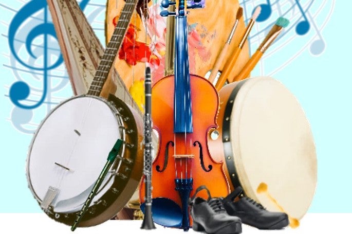 Partial view of collection of musical instruments and black dance shoes.