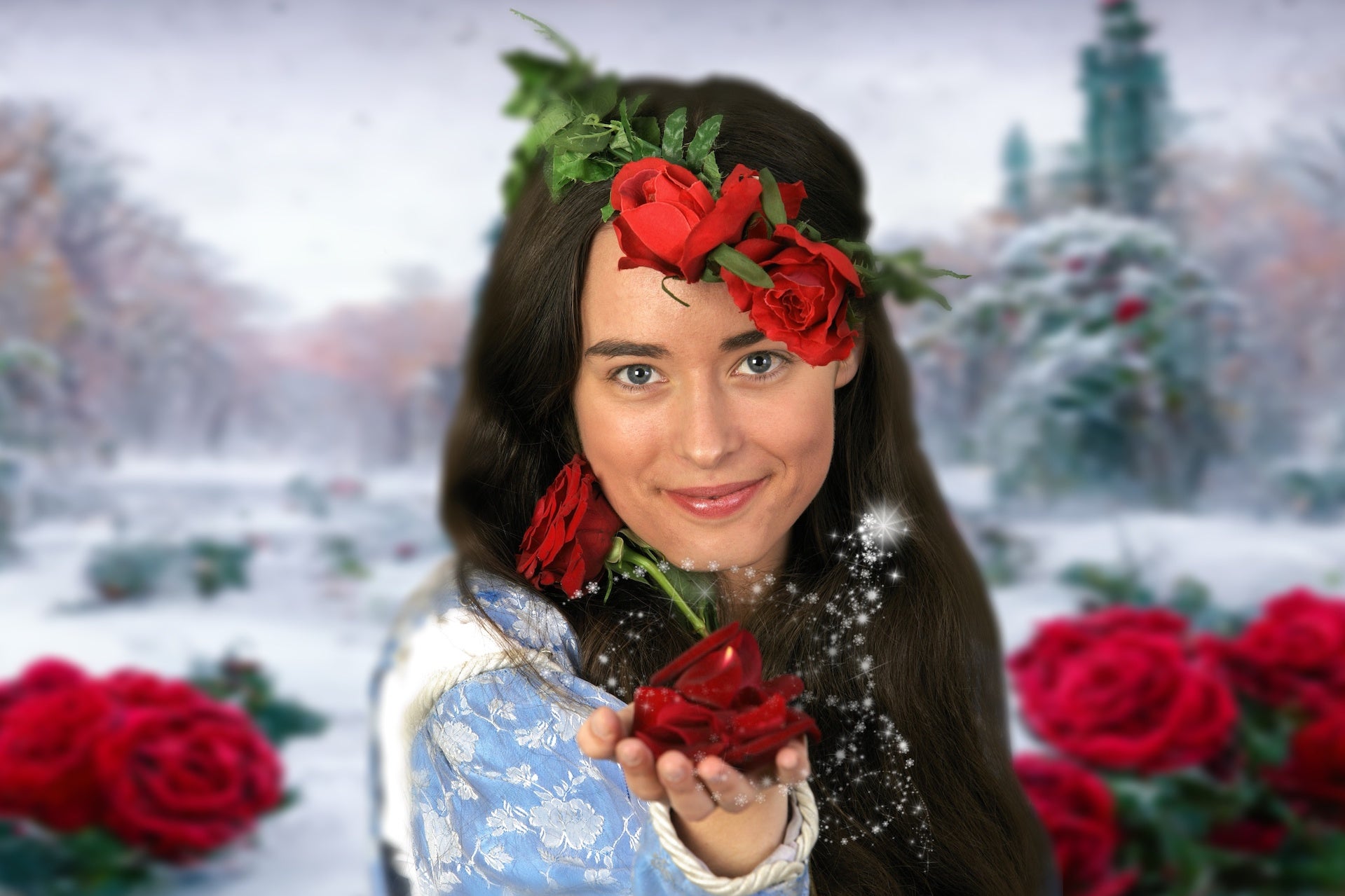 A woman with dark hair is smiling, holding forward a dark red rose in her outstretched hand with dark red roses and green leaves behind her against a snowy outdoors scene.