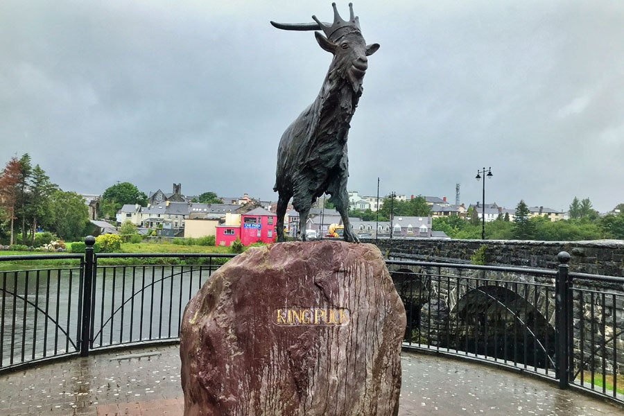 A view of the statue of King Puck on the approach bridge into Killorglin Town