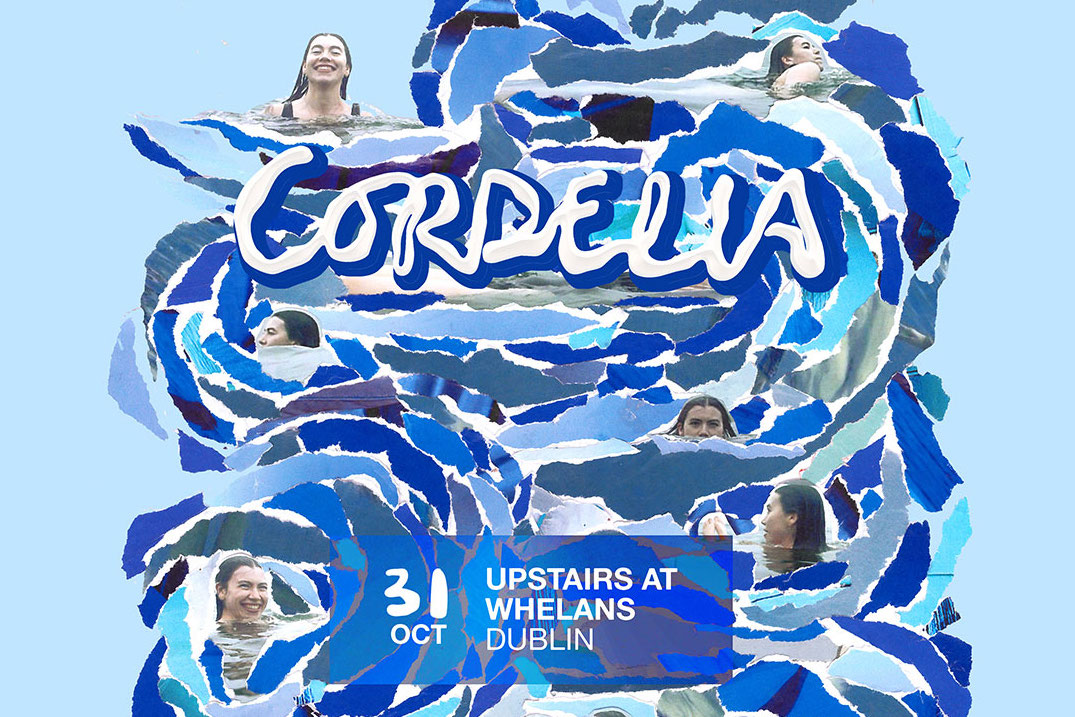 Random brush strokes of paint in various shades of blue with small photos of girl's head scatter around and white event text.