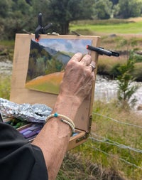 A close up of someone painting a landscape at an easel