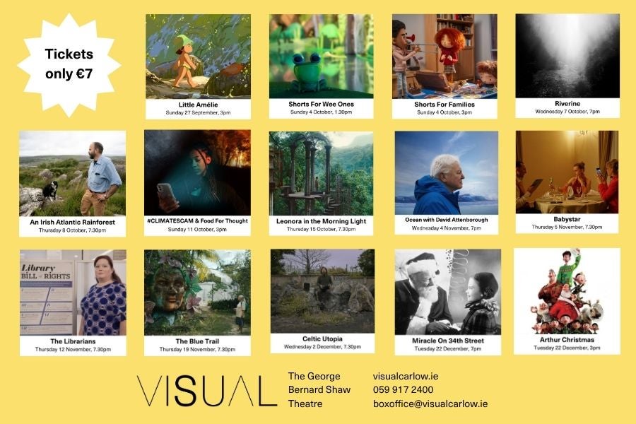Various cinema screenings listed on a yellow background