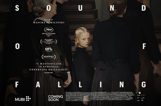 Dark poster for film Sound of Falling with small, serious looking child in centre of 2 dark figures.