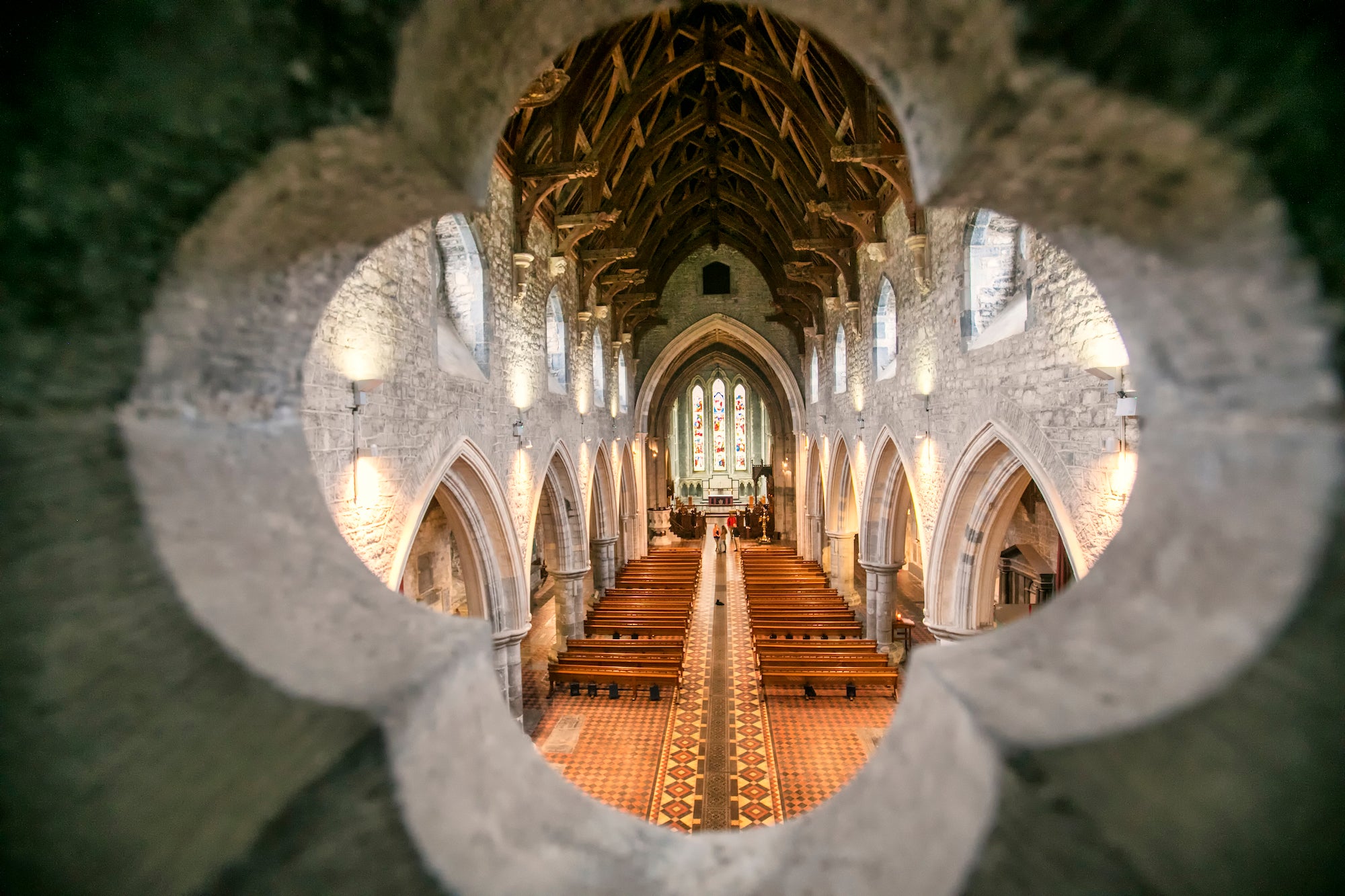 Interior view of St Canice's Cathedral and Round Tower in Kilkenny city