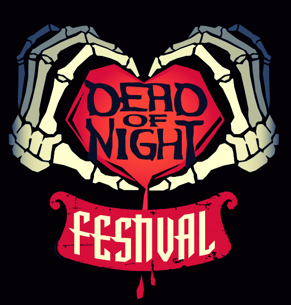 skeleton hands holding a red heart with the words Dead of Night and the word festival underneath