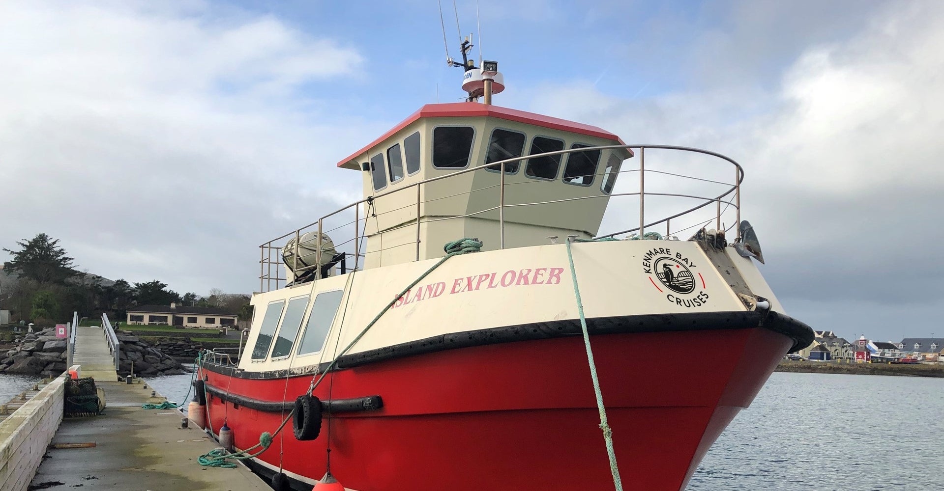 The Island Explorer cruising vessel with Kenmare Bay Cruises moored in Kenmare Pier