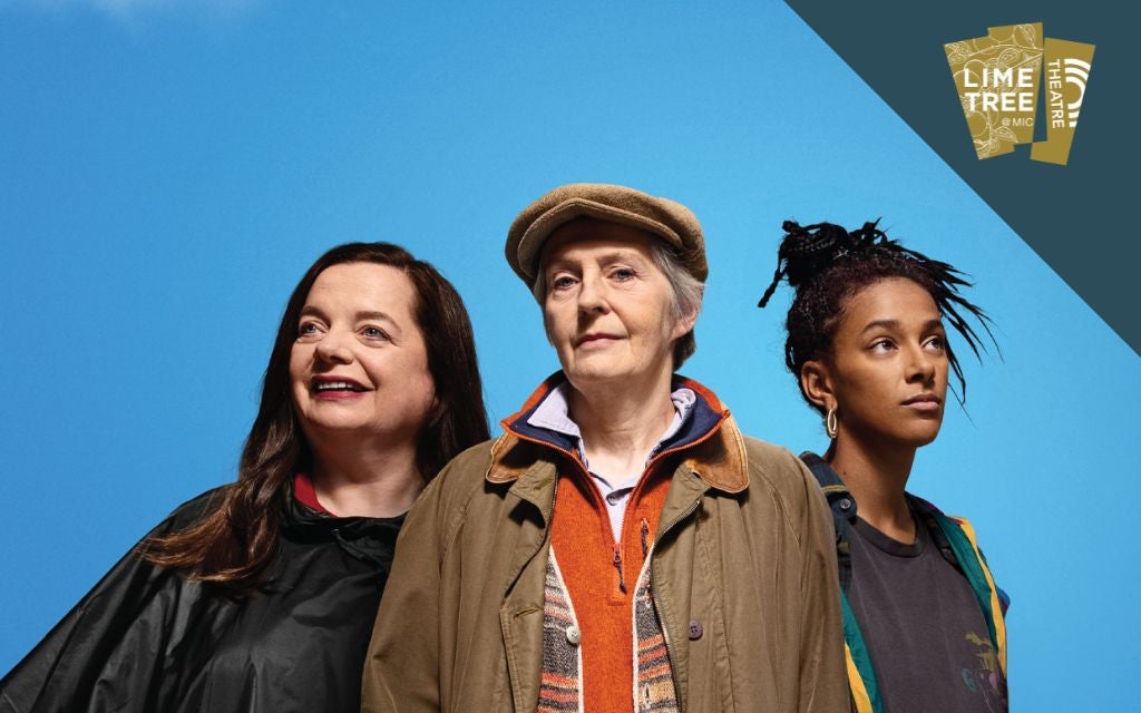 3 women all dressed differently looking in different directions against bright blue background.
