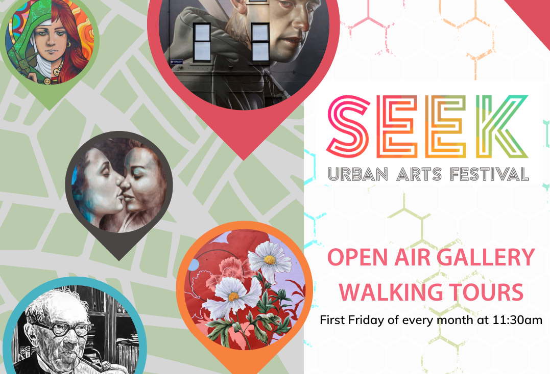 SEEK Urban Arts Walking Tours, part of poster with faint white and green map with large pin drops containing different works of art.