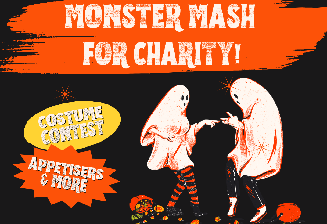 Poster for Monster Mash for Charity! with 2 dancing cartoon type figures with upper bodies covered in white ghost costume.