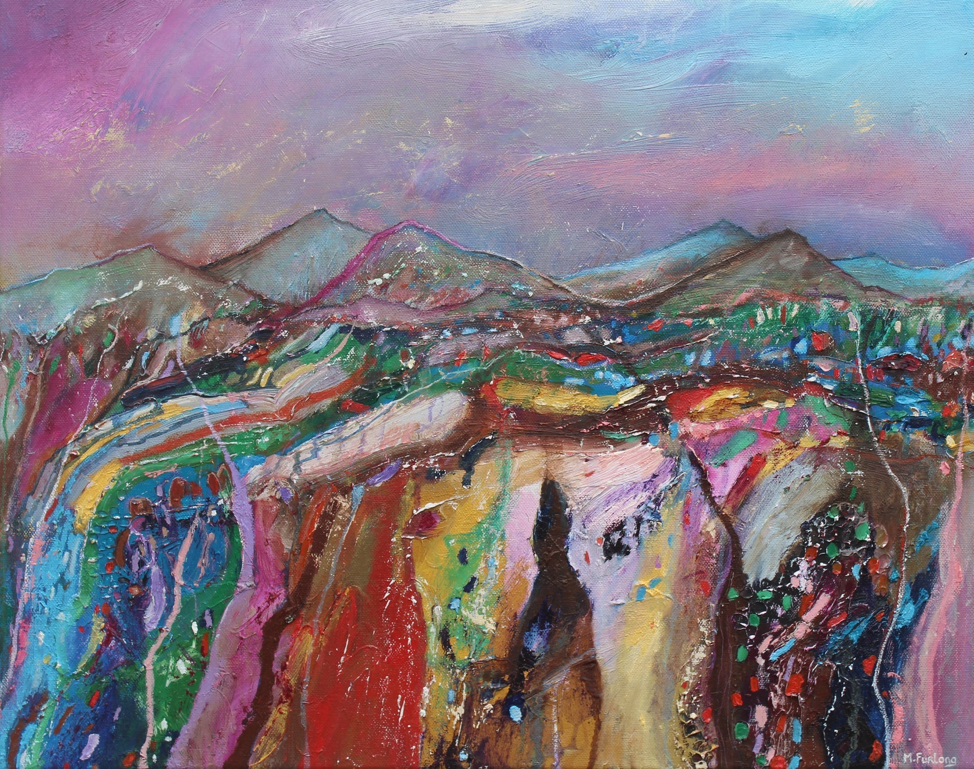 An abstract painting featuring mountains in a mix of colours