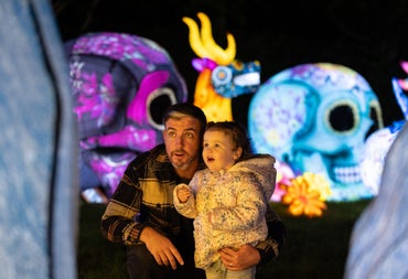 Visitors enjoying colourful lantern displays at night with glowing skull sculptures and lights