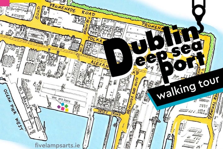 The image is of a map of the Dublin Port area with the route of the walking tour marked on the map