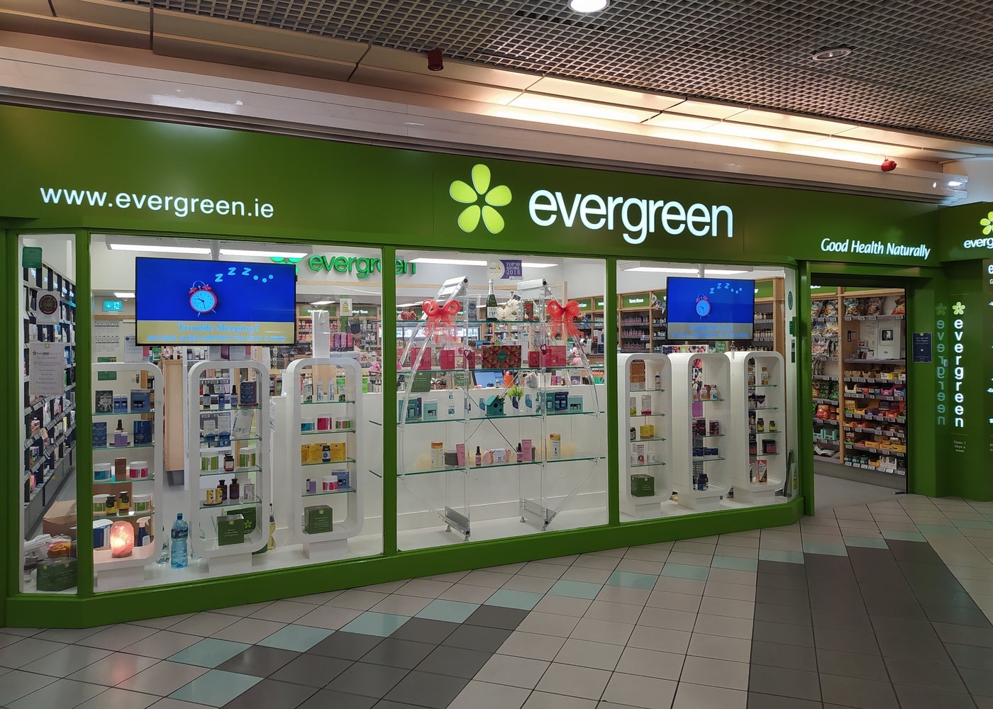Health food shop front in a shopping centre