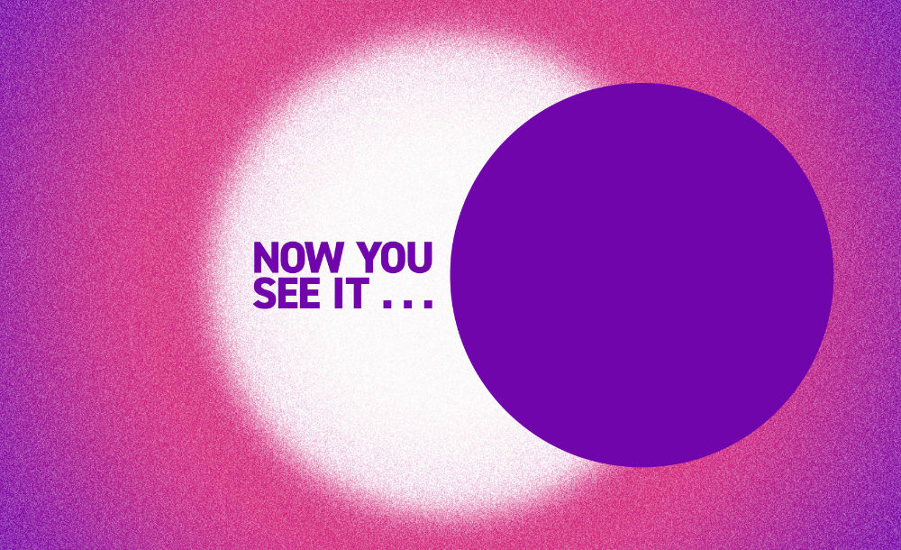 Large round purple disc with hazy round white circle emerging from behind with purple event text against pink fading to purple background.