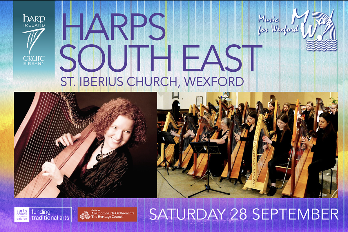 A poster for Harps South East, featuring images of harpers Tríona Marshall and Cruitiri Loch Garman - Wexford Harp Ensemble