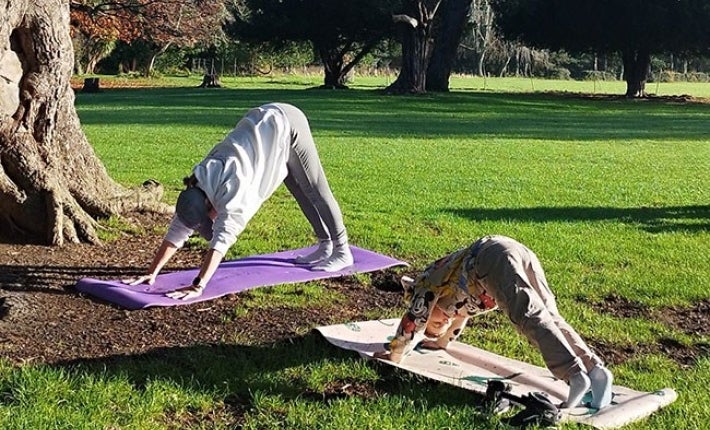 A child and adult outdoors each on a mat in a yoga pose.