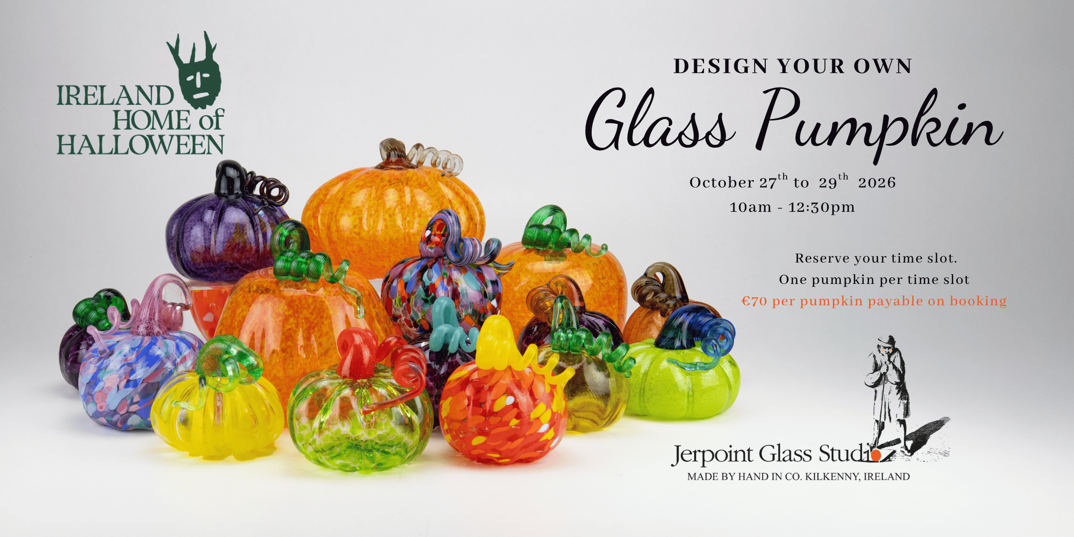 Design Your Own Glass Pumpkin Jerpoint Glass 2026 Banner. Different coloured Glass Pumpkins