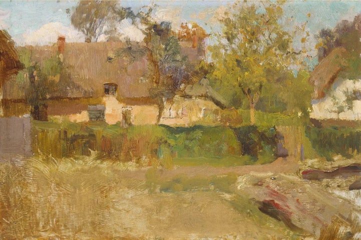 A painting in shades of dull green and browns of a cottage and garden.