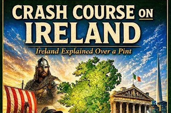 Part of colourful poster for Crash Course on Ireland with partial images of a map, a building, a viking and the stripy sail of a boat.