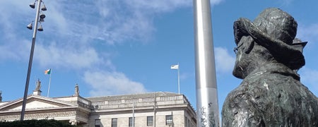 James Joyce statue in Dublin looking towards a stately building in Dublin