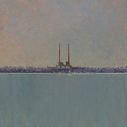 Painting of the red and white poolbeg towers